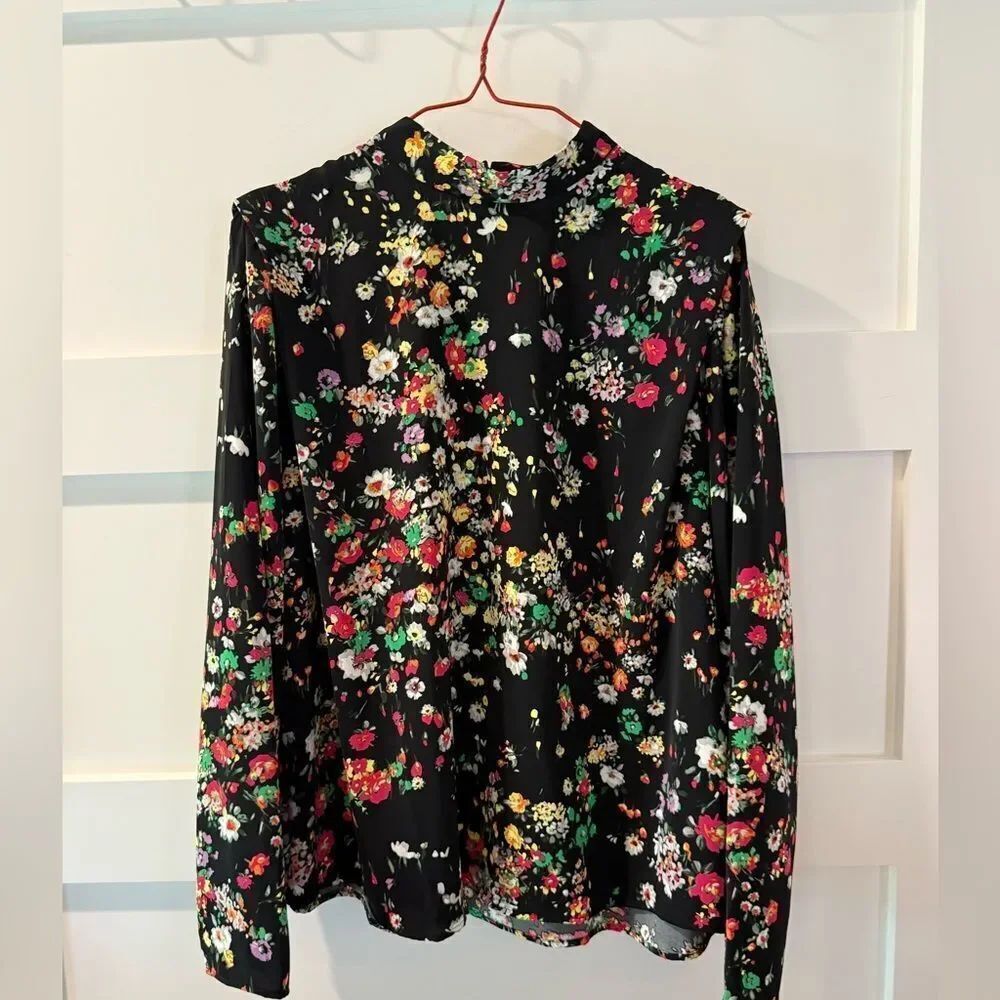 H&M black bright floral Graphic Blouse with Mandarin Collar